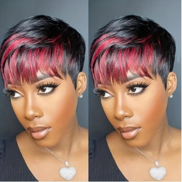 Other - Womens Short Pixie Cut Human Hair Wig Black w/ Burgundy Highlights Glueless New